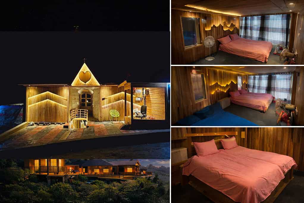 Charming wooden bedroom with warm lighting, cozy bedding, and rustic decor for romantic stays.